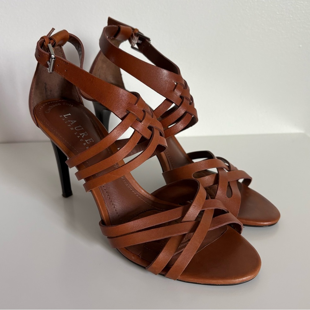 Lauren Ralph Lauren Saba Strappy Leather Stiletto Sandals Tan Cognac 7B - Picture 3 of 12